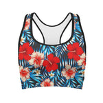 Turquoise Leaves Hibiscus Pattern Print Women's Sports Bra