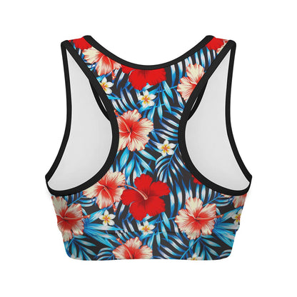 Turquoise Leaves Hibiscus Pattern Print Women's Sports Bra