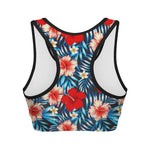 Turquoise Leaves Hibiscus Pattern Print Women's Sports Bra