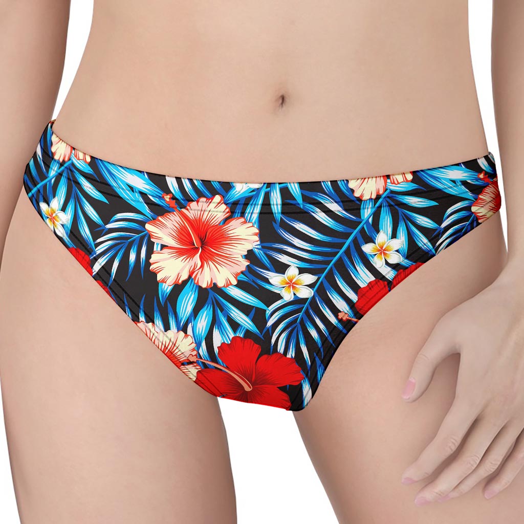 Turquoise Leaves Hibiscus Pattern Print Women's Thong