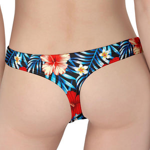 Turquoise Leaves Hibiscus Pattern Print Women's Thong