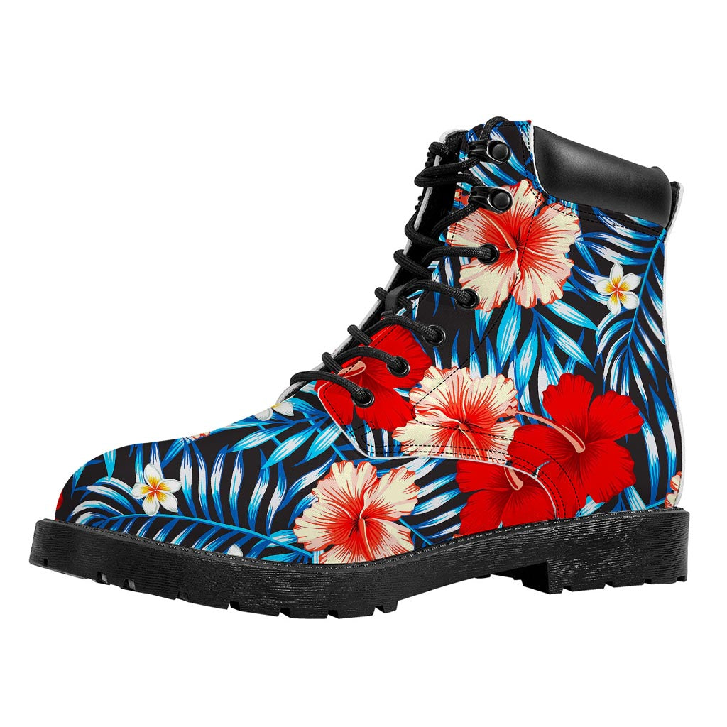 Turquoise Leaves Hibiscus Pattern Print Work Boots