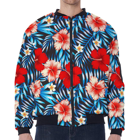 Turquoise Leaves Hibiscus Pattern Print Zip Sleeve Bomber Jacket