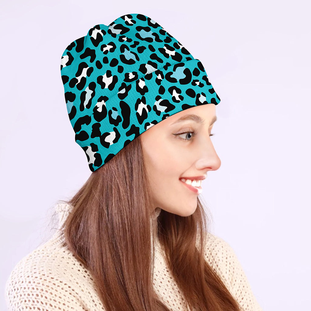Turquoise Leopard Print Beanie