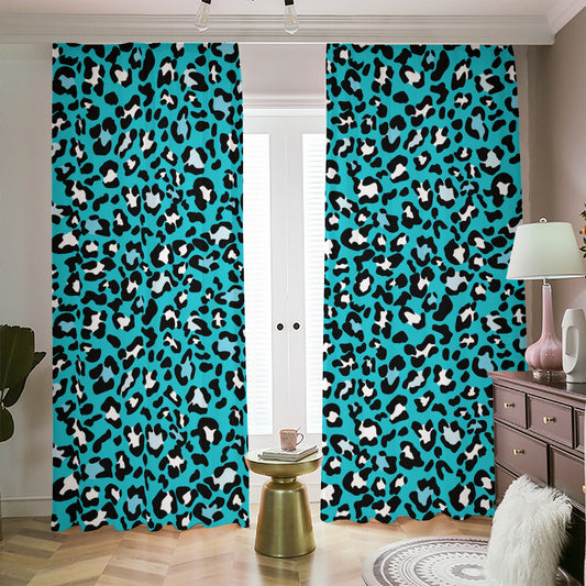 Turquoise Leopard Print Blackout Pencil Pleat Curtains