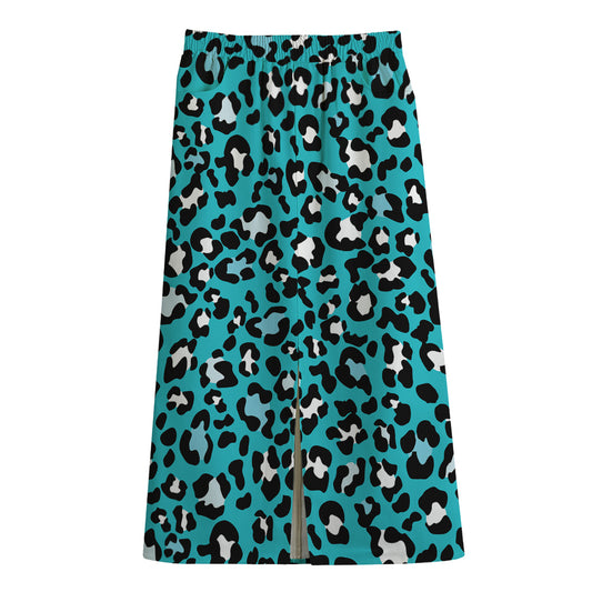 Turquoise Leopard Print Cotton Front Slit Maxi Skirt