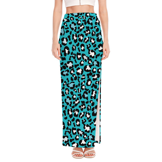 Turquoise Leopard Print High Slit Maxi Skirt