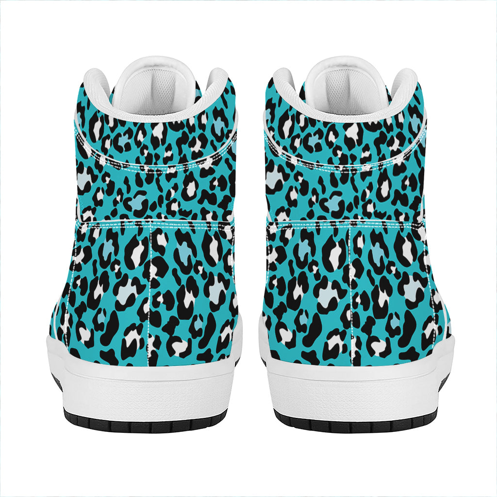 Turquoise Leopard Print High Top Leather Sneakers
