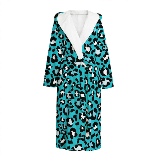 Turquoise Leopard Print Hooded Bathrobe