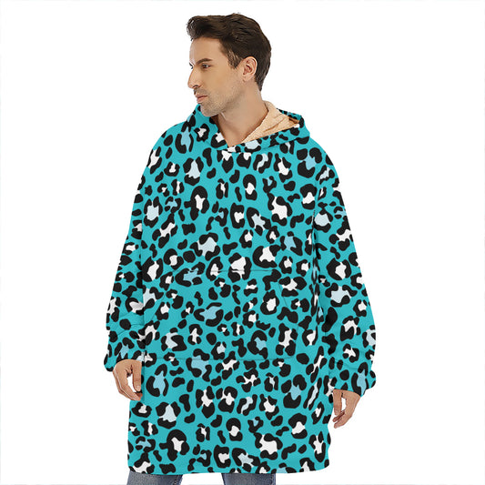 Turquoise Leopard Print Hoodie Blanket