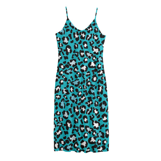 Turquoise Leopard Print Jersey Midi Cami Dress