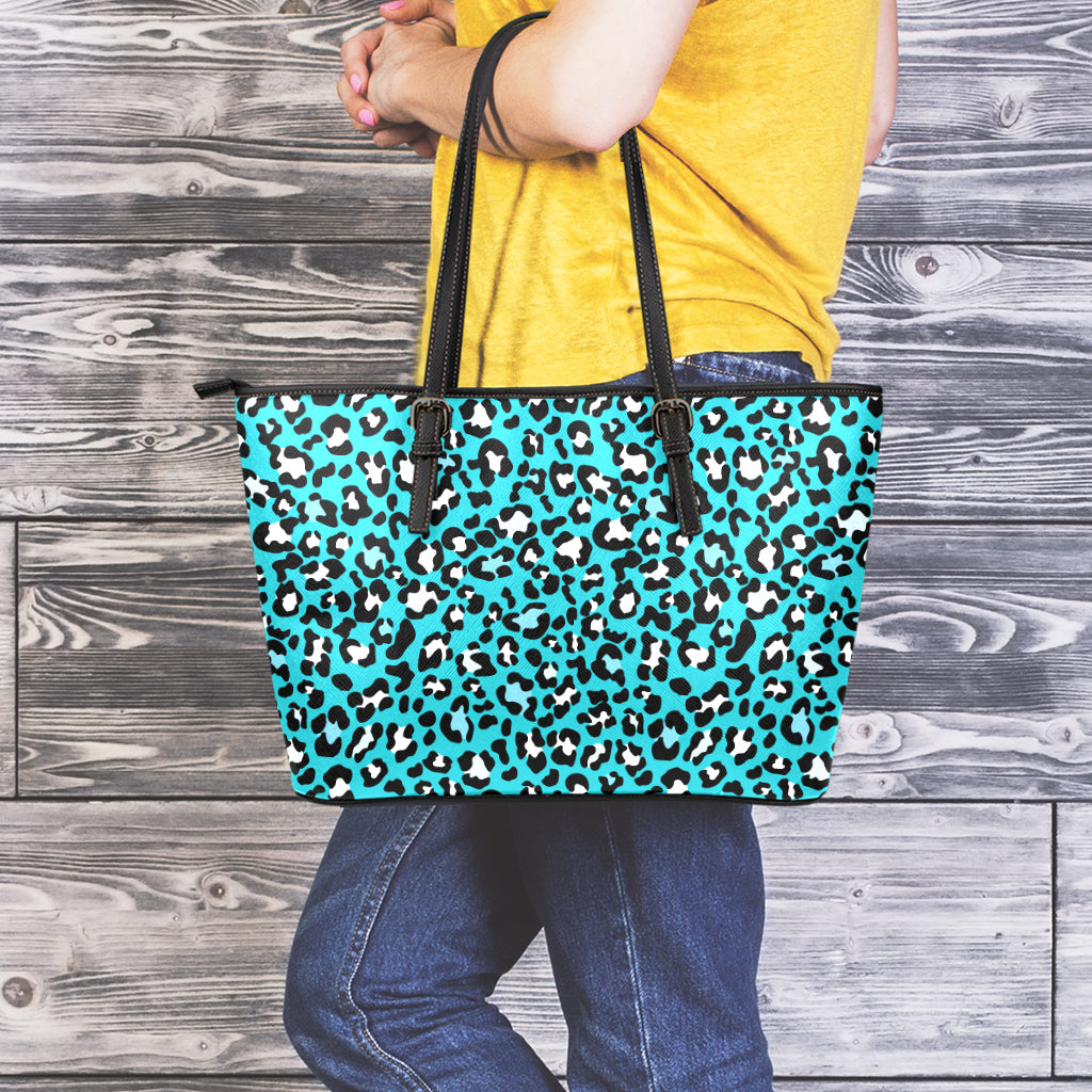 Turquoise Leopard Print Leather Tote Bag