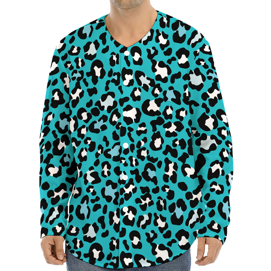 Turquoise Leopard Print Long Sleeve Baseball Jersey