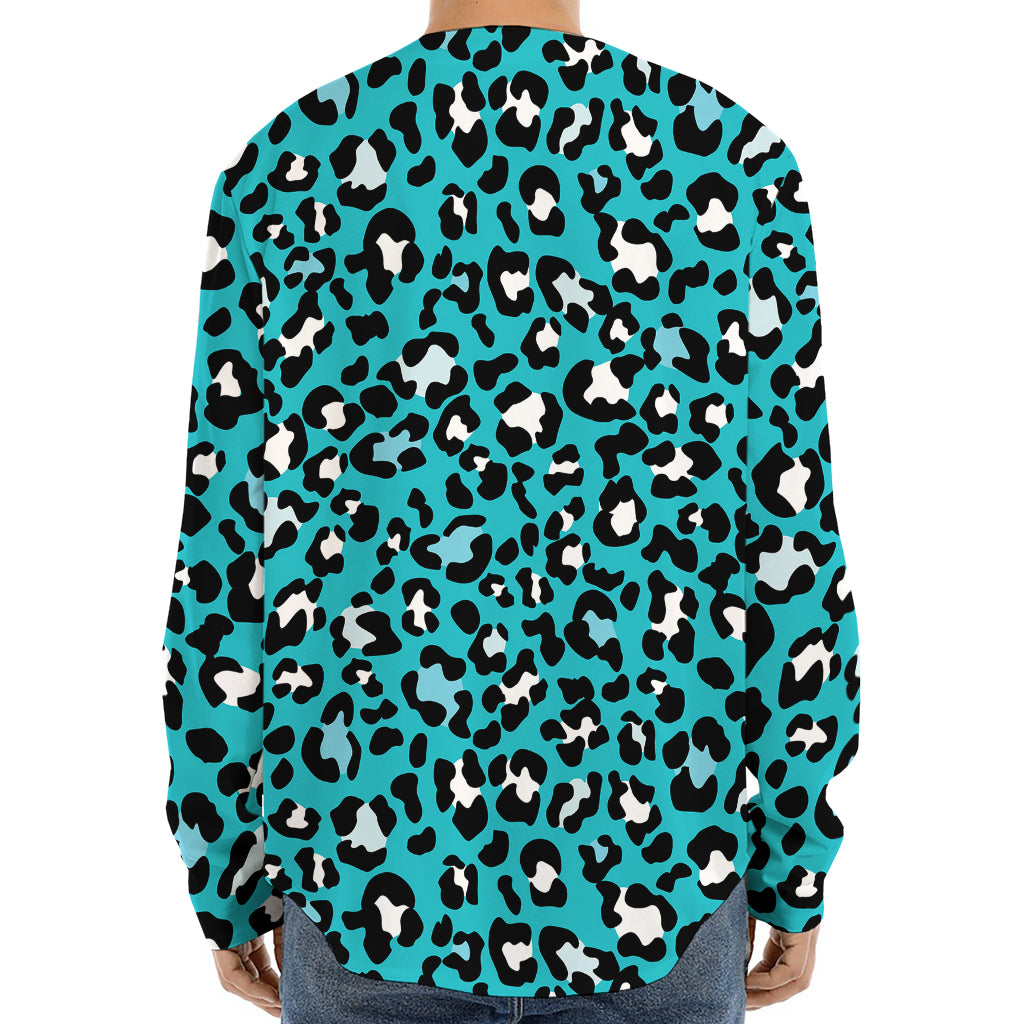 Turquoise Leopard Print Long Sleeve Baseball Jersey