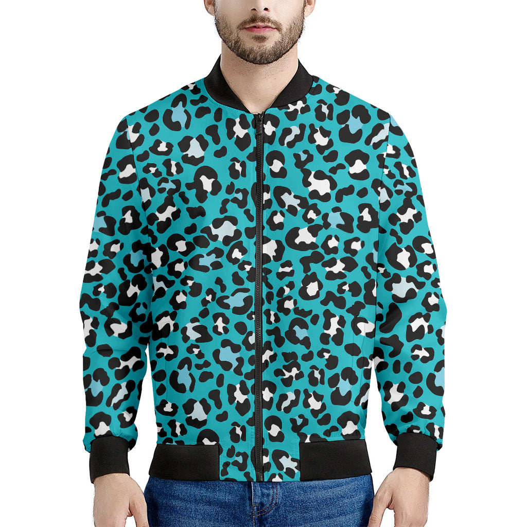 Turquoise Leopard Print Men's Bomber Jacket