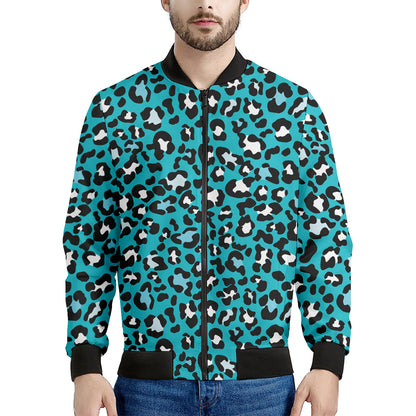 Turquoise Leopard Print Men's Bomber Jacket