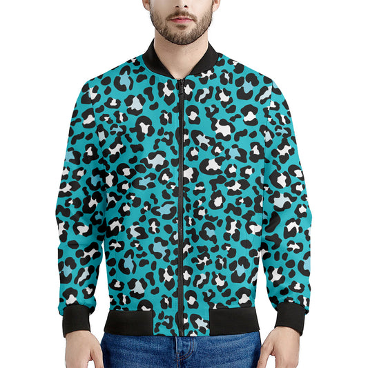Turquoise Leopard Print Men's Bomber Jacket