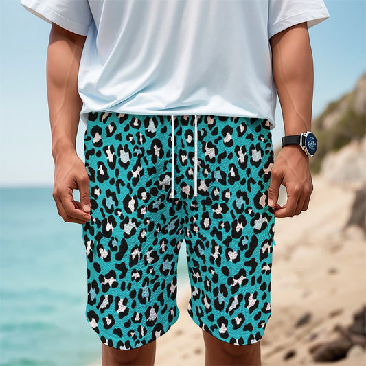 Turquoise Leopard Print Men's Cargo Shorts