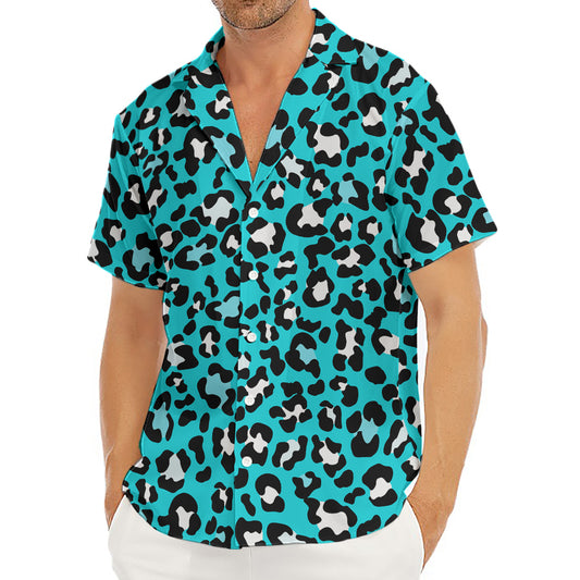 Turquoise Leopard Print Men's Deep V-Neck Shirt