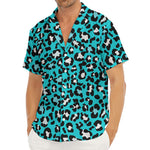 Turquoise Leopard Print Men's Deep V-Neck Shirt