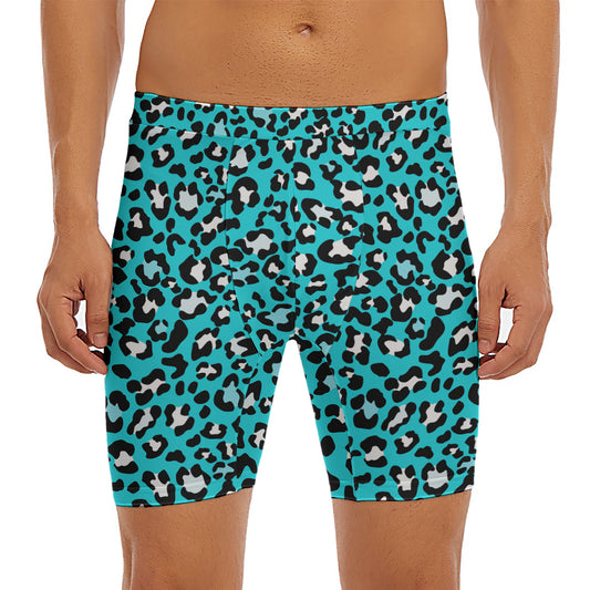 Turquoise Leopard Print Men's Long Boxer Briefs