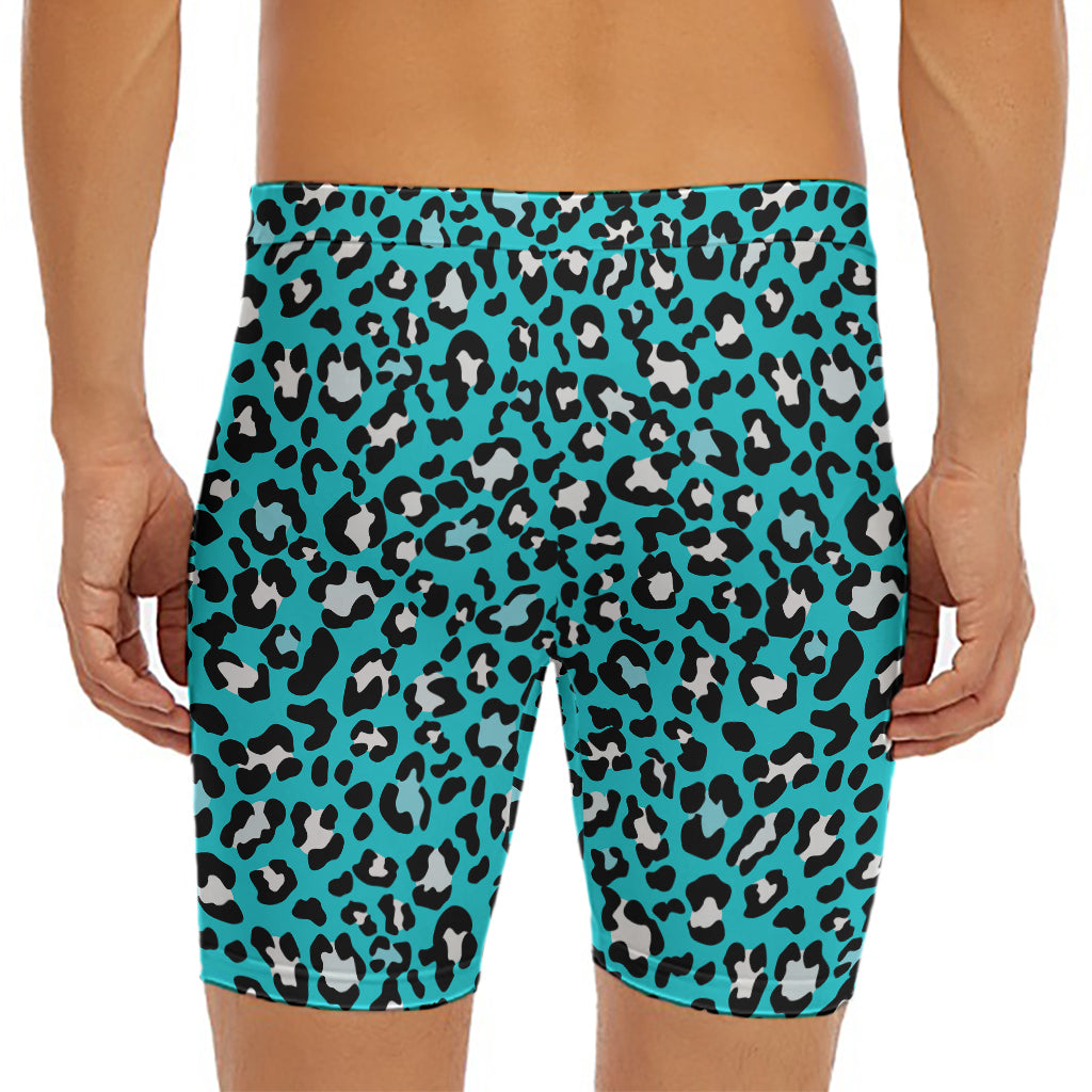 Turquoise Leopard Print Men's Long Boxer Briefs
