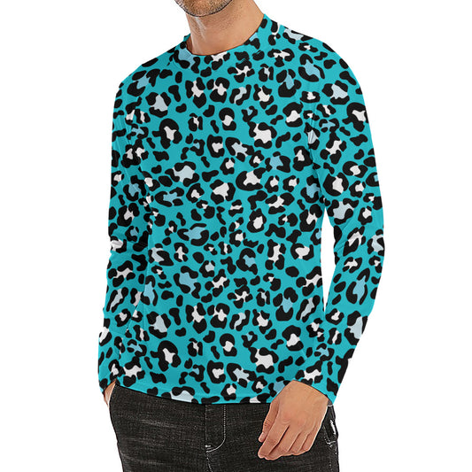 Turquoise Leopard Print Men's Long Sleeve Rash Guard
