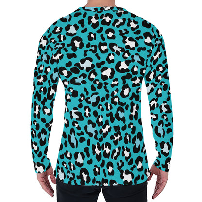 Turquoise Leopard Print Men's Long Sleeve T-Shirt