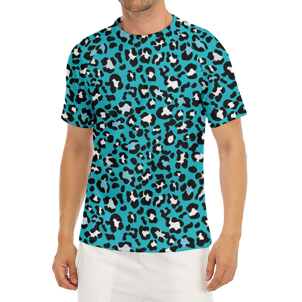 Turquoise Leopard Print Men's Short Sleeve Rash Guard