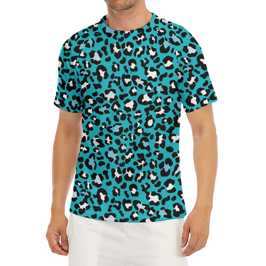 Turquoise Leopard Print Men's Short Sleeve Rash Guard