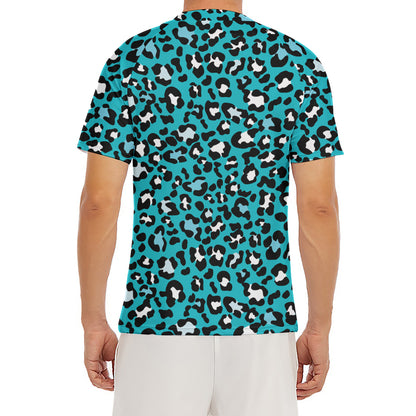 Turquoise Leopard Print Men's Short Sleeve Rash Guard