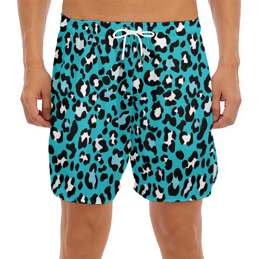 Turquoise Leopard Print Men's Split Running Shorts