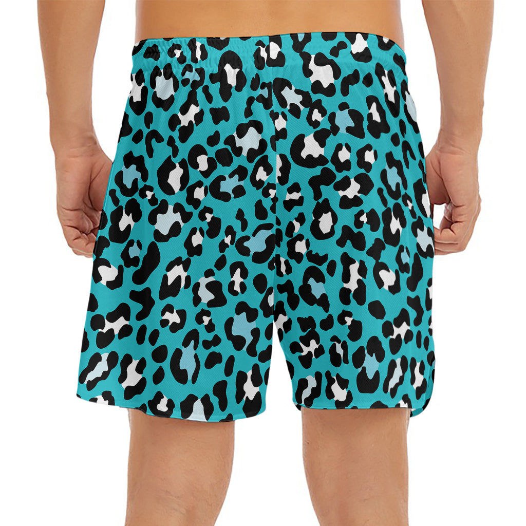 Turquoise Leopard Print Men's Split Running Shorts