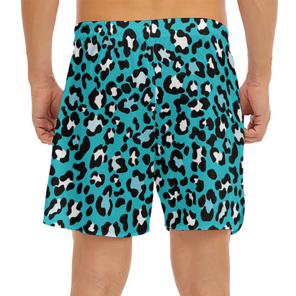 Turquoise Leopard Print Men's Split Running Shorts