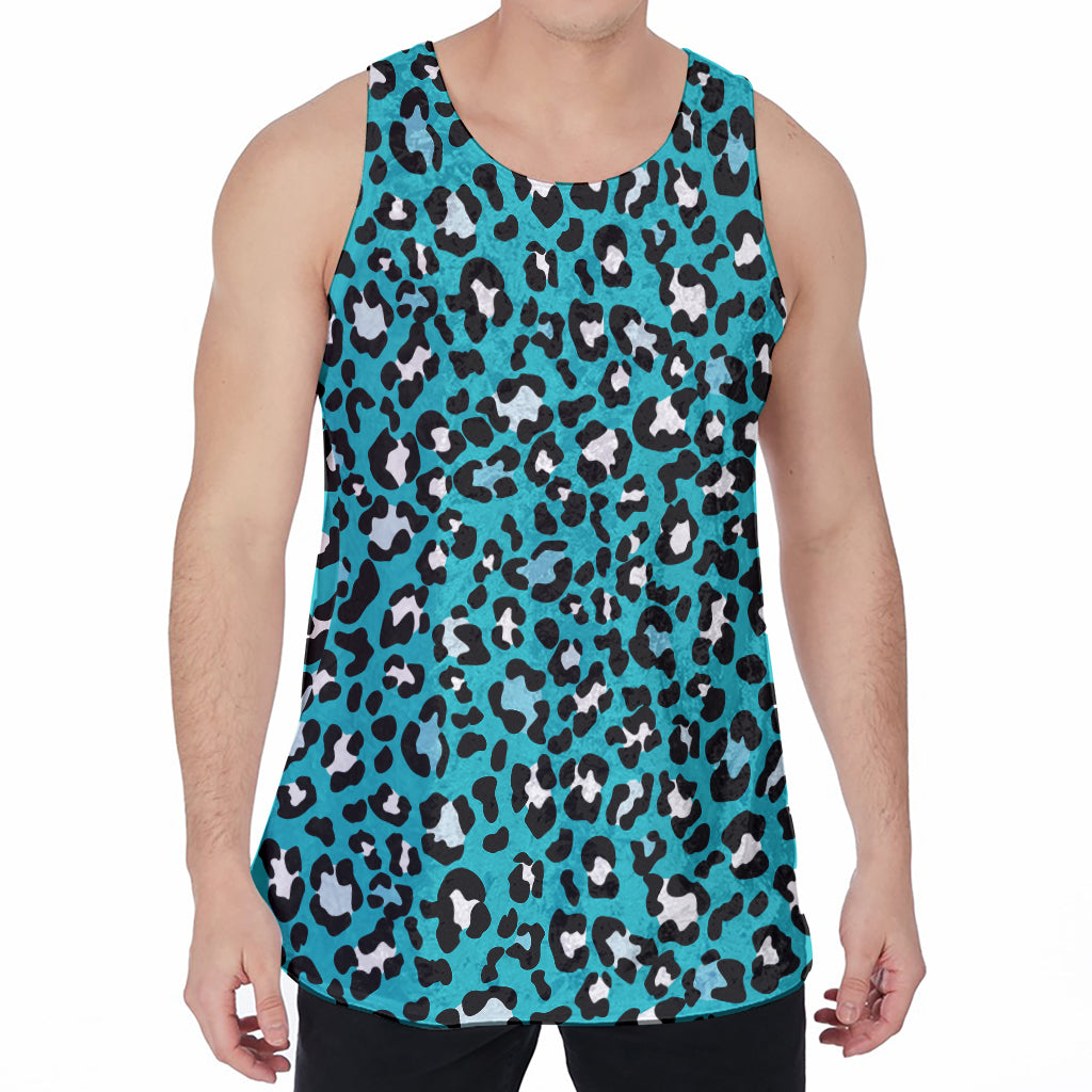 Turquoise Leopard Print Men's Velvet Tank Top