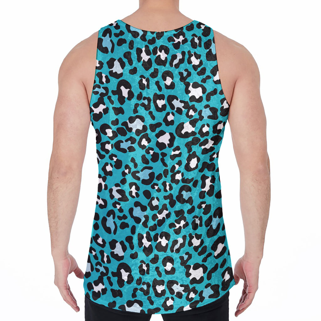 Turquoise Leopard Print Men's Velvet Tank Top