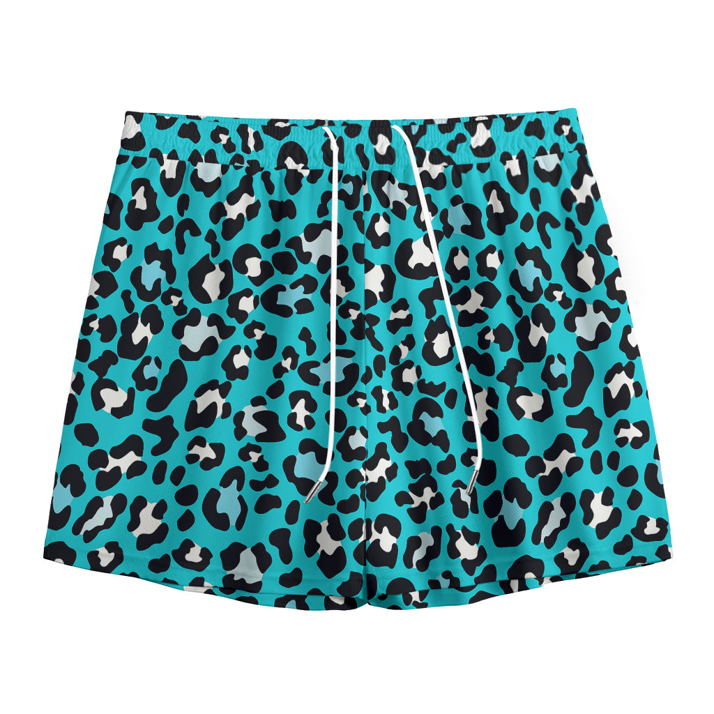 Turquoise Leopard Print Mesh Shorts