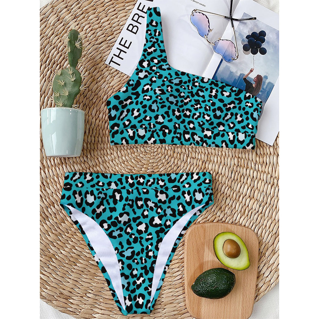 Turquoise Leopard Print One Shoulder Bikini Top