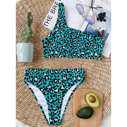 Turquoise Leopard Print One Shoulder Bikini Top