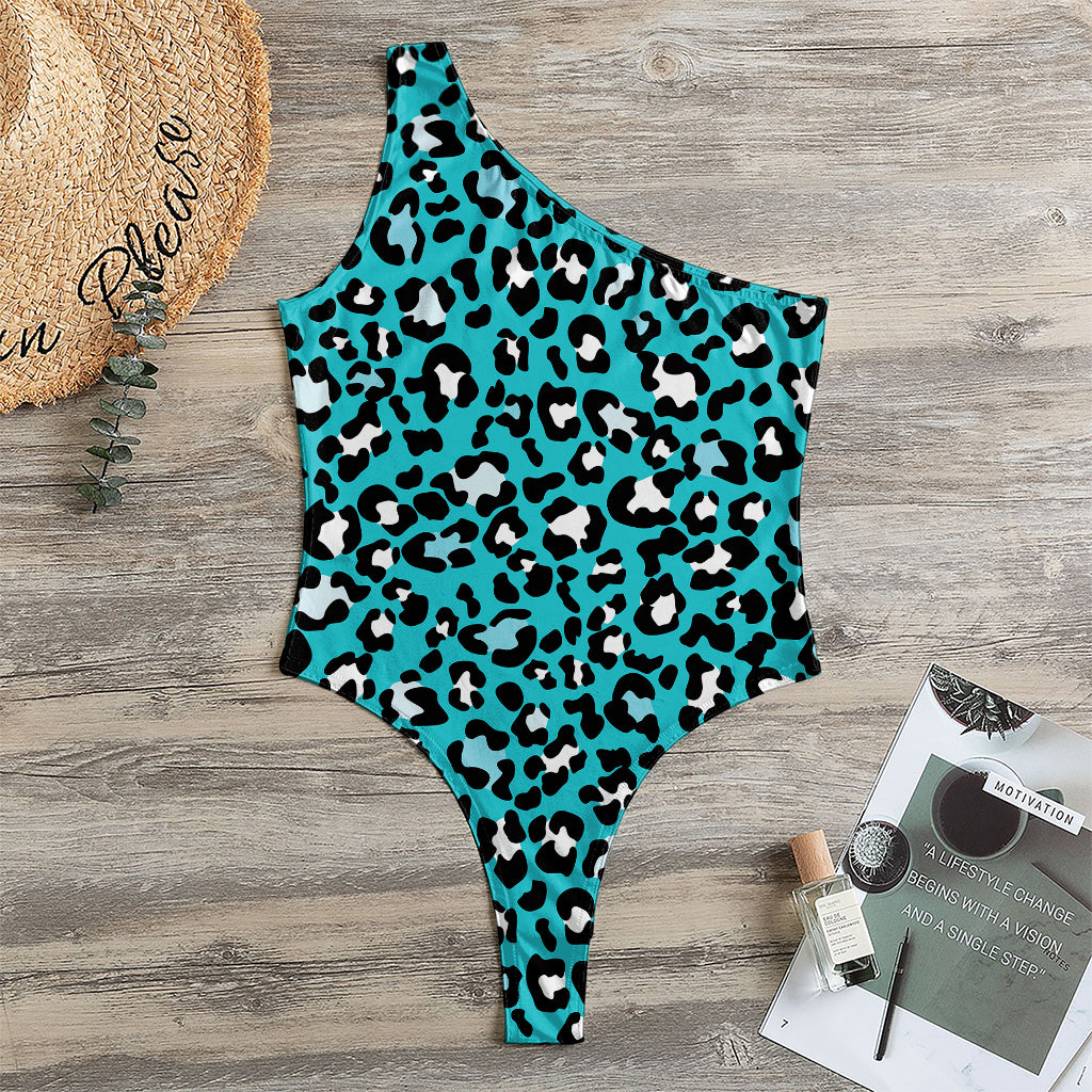 Turquoise Leopard Print One Shoulder Bodysuit
