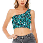 Turquoise Leopard Print One Shoulder Crop Top