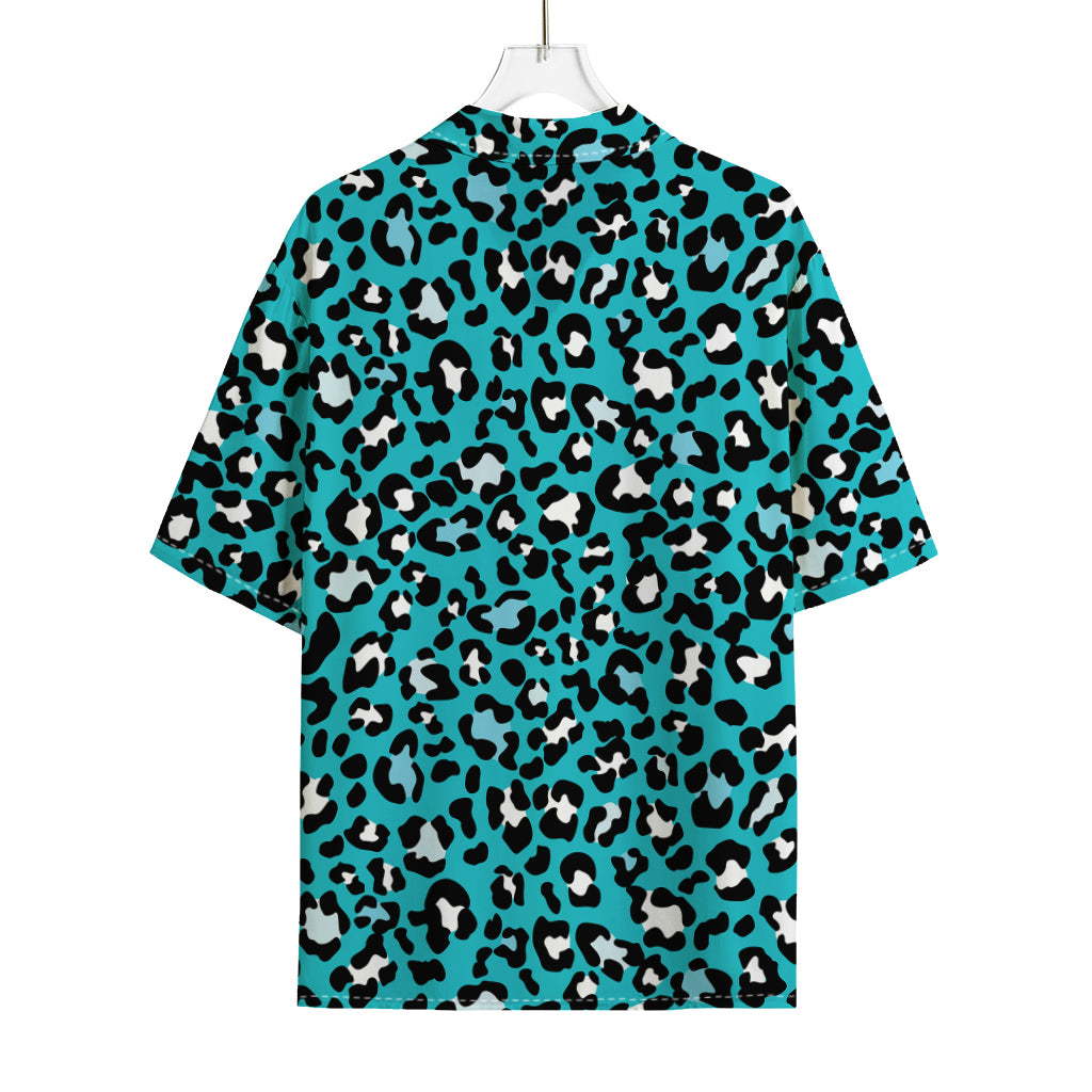 Turquoise Leopard Print Rayon Hawaiian Shirt