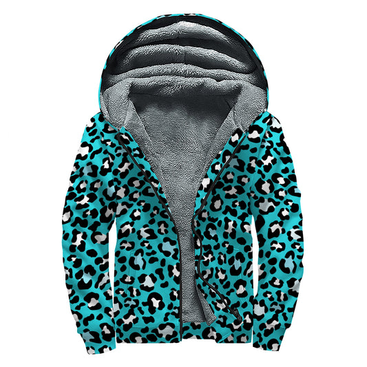 Turquoise Leopard Print Sherpa Lined Zip Up Hoodie