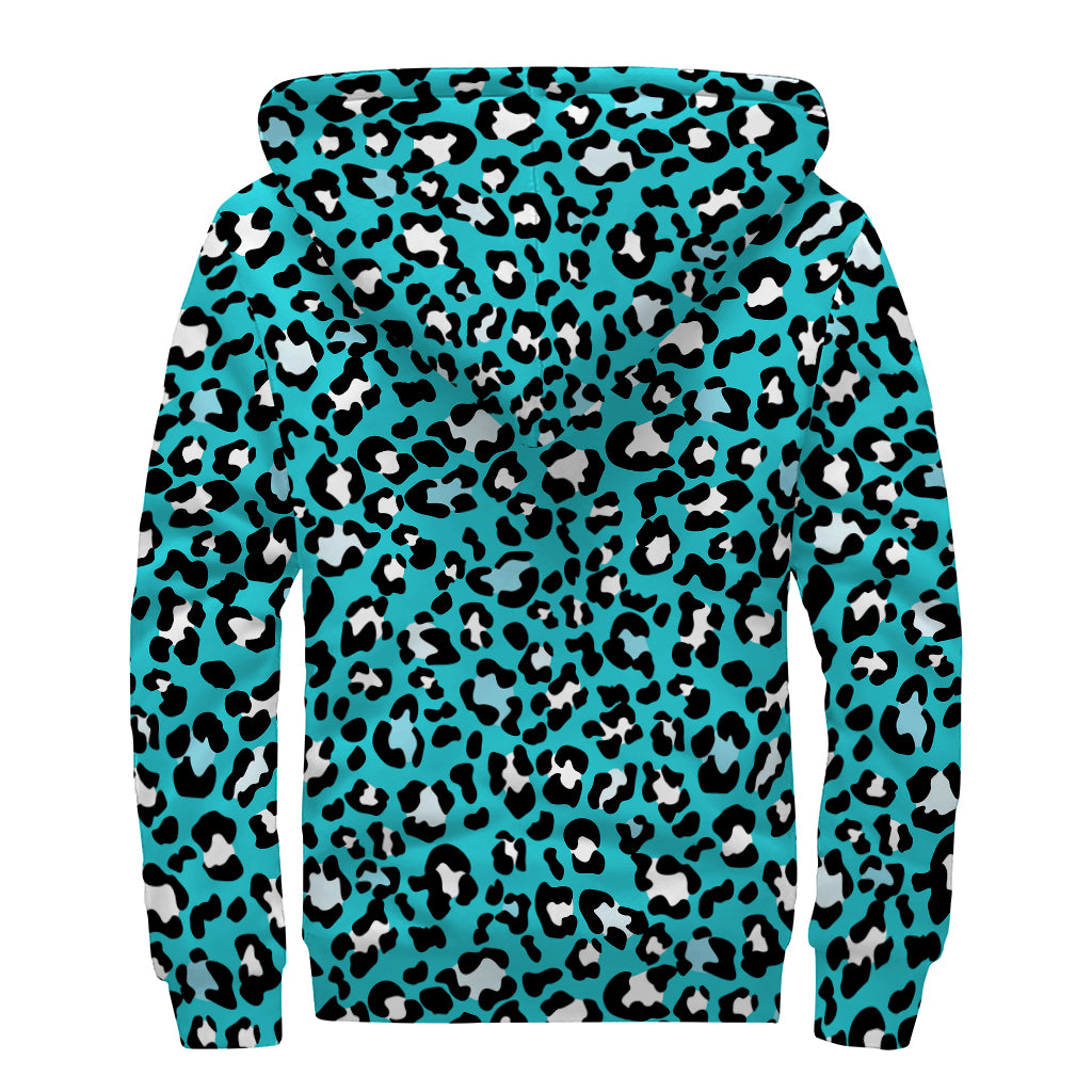 Turquoise Leopard Print Sherpa Lined Zip Up Hoodie