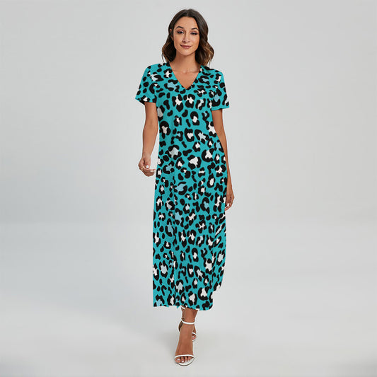 Turquoise Leopard Print Short Sleeve Maxi Dress
