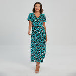 Turquoise Leopard Print Short Sleeve Maxi Dress