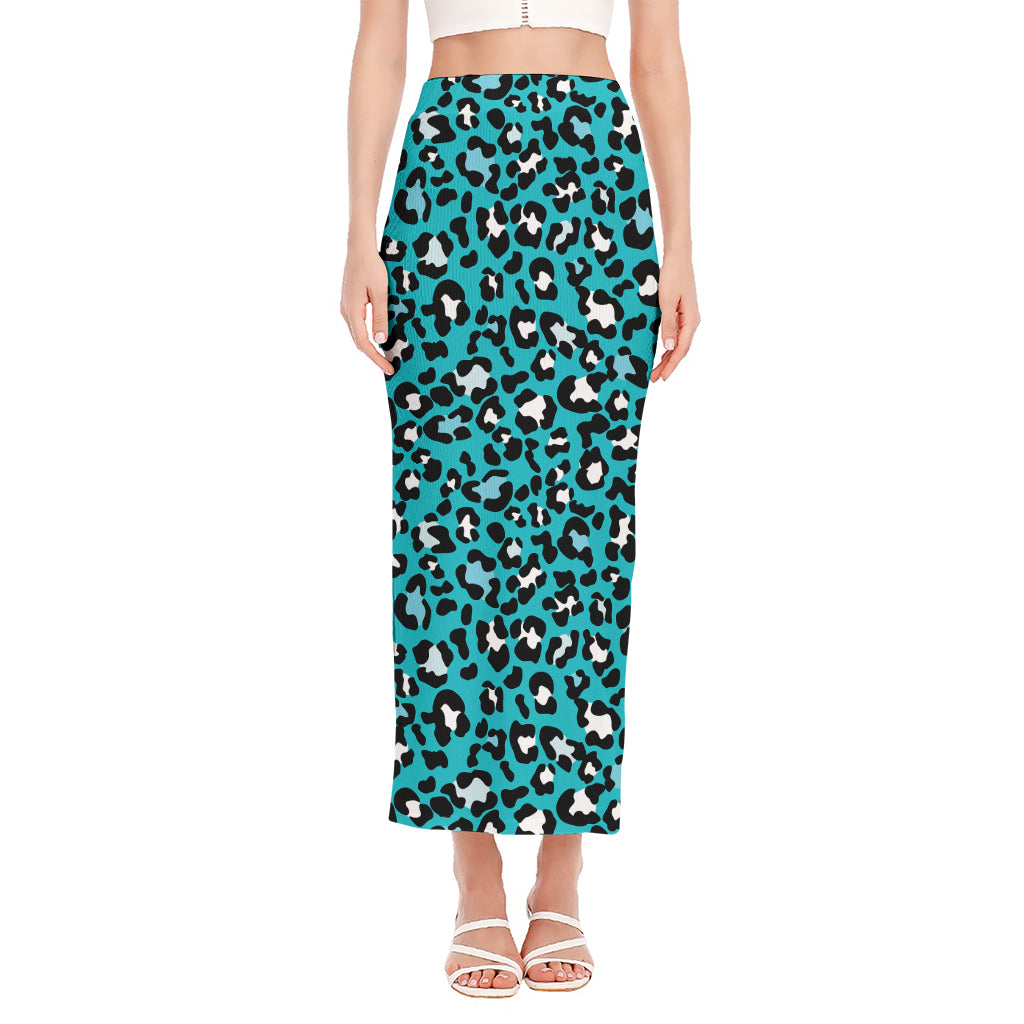 Turquoise Leopard Print Side Slit Maxi Skirt