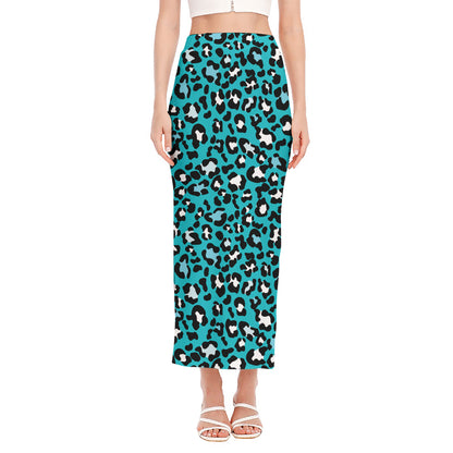 Turquoise Leopard Print Side Slit Maxi Skirt