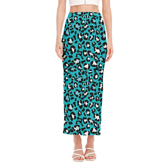 Turquoise Leopard Print Side Slit Maxi Skirt