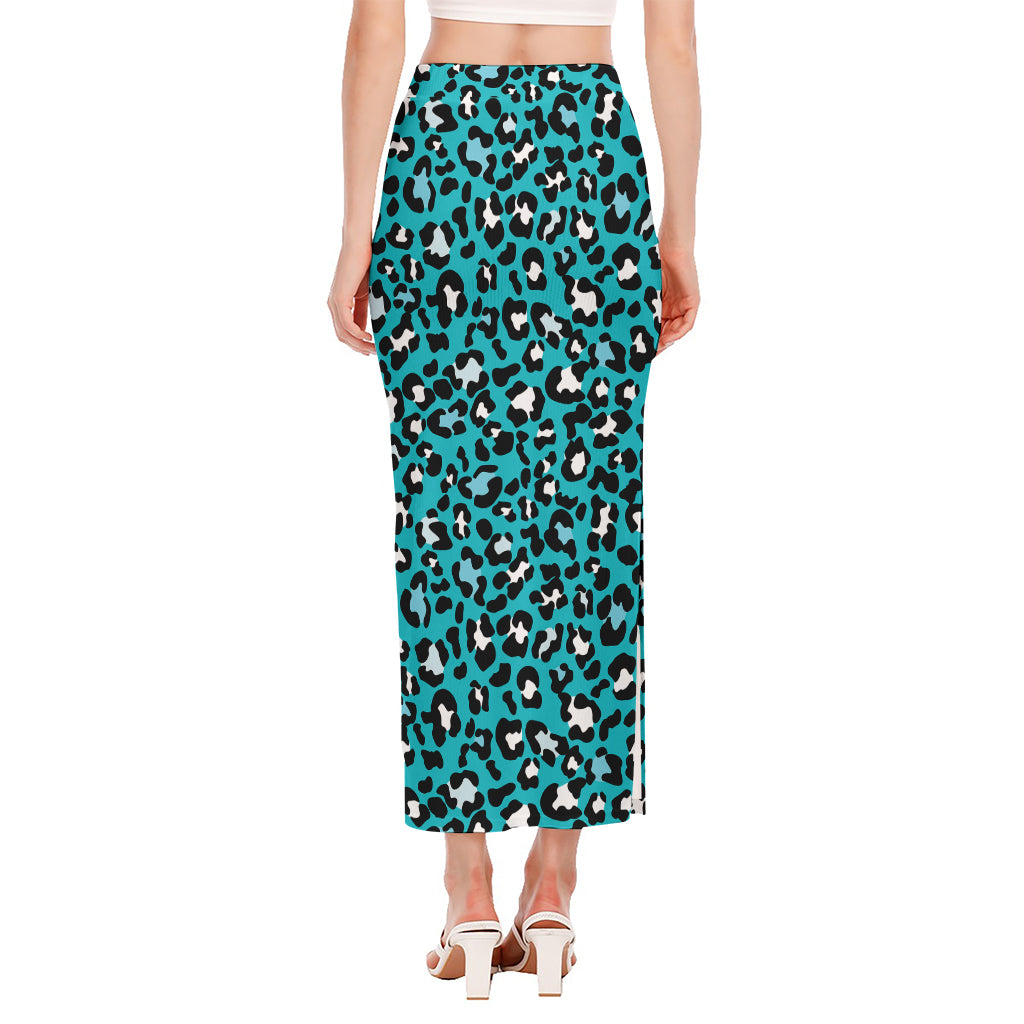Turquoise Leopard Print Side Slit Maxi Skirt